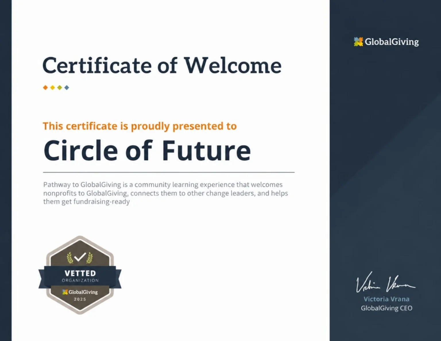 Certificat de bienvenue GlobalGiving adressé à Circle of Future